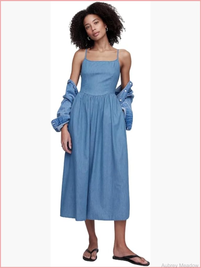 Dipped Waist Denim Midi Dress - Fit & Flare, Pull On, Crew Neck